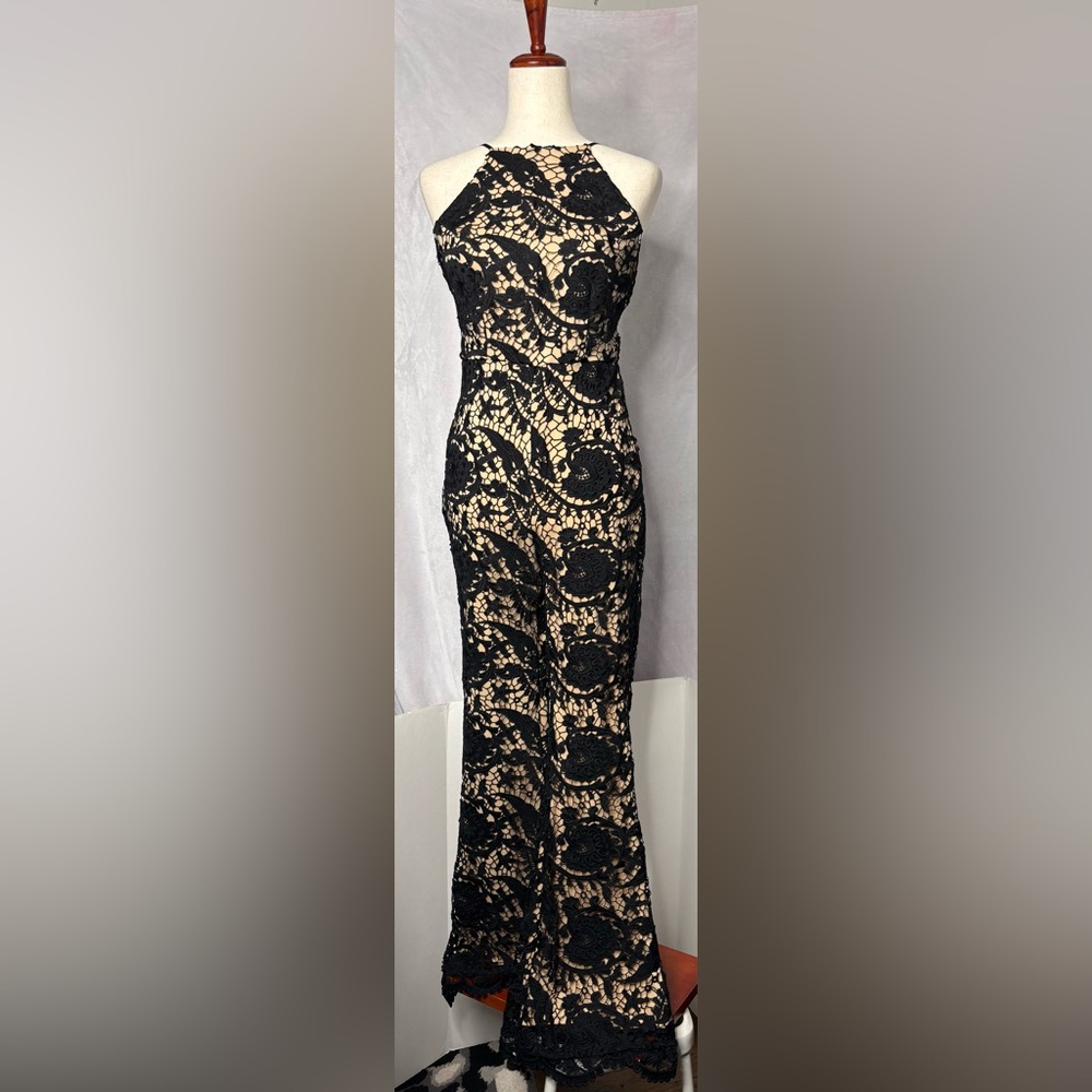 NWT Gab & Kate Black Lace Halter Jumpsuit - Nude Underlay - Medium - $118